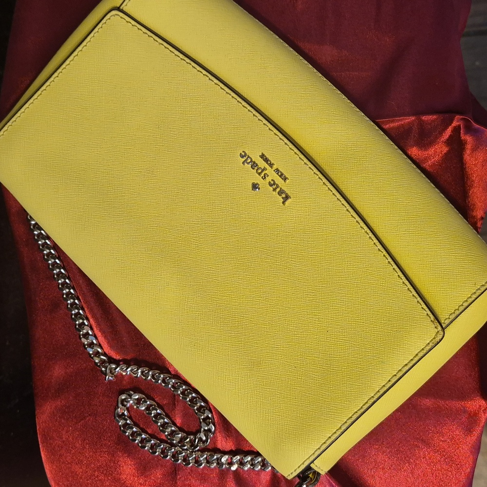 EUC 💋 KATE SPADE 💋LAUREL WAY ⚜️Yellow Crossgrain Leather⚜️ conv. Should/clutch - Picture 13 of 14